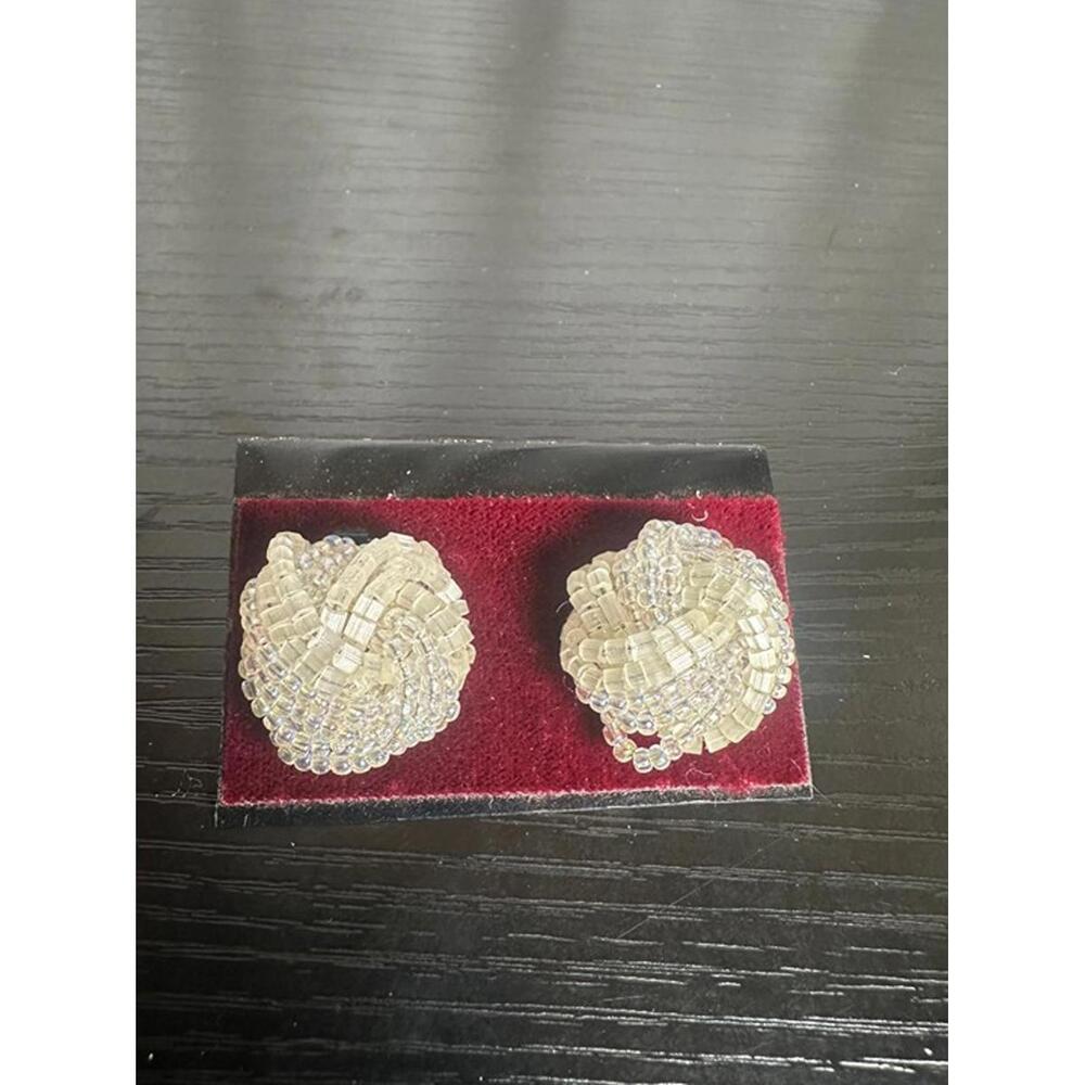 Vintage Beaded Clip-On Earrings – Clear Glass Knot Design